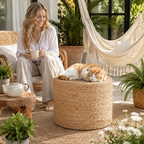 Wimarsbon 18'' Ottoman Pouf, Natural Braided Poof, Rustic Handweave Lounge Pouffe, Boho Footrest Stool for Bedroom, Accent Table or Seat for Living Room (Natural-LD) - color: 18inch Natural Water Hyacinth Braid