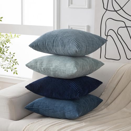 Volcanics Set of 4 Dusty Blue Navy Series Corduroy Decorative Couch Throw Pillow Covers 18x18 Inch, Soft Modern Boho Striped Cushion Cases for Patio, Balcony, Children Bedroom, Summer Gradient Shams - color: Blue, size: 18" x 18" (Pack of 4)