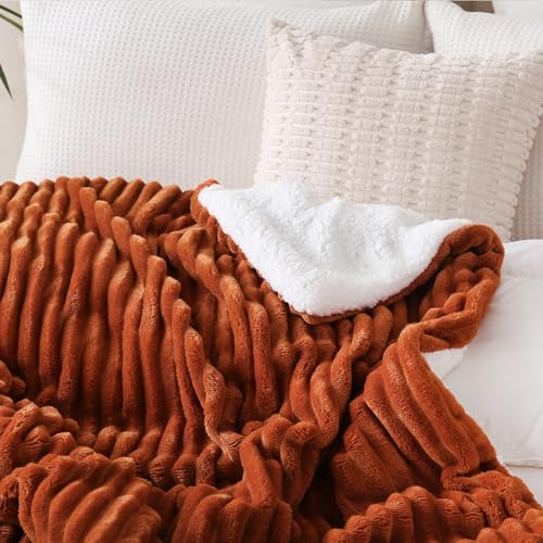 Burnt Orange Sherpa Fleece Throw Blanket 50”×60” for Couch Sofa Bed,Double Side Soft Fuzzy Cozy Plush Thick Flannel Blanket with Striped Design Gift for Mother Woman - color: Burnt Orange, size: 50×60inch