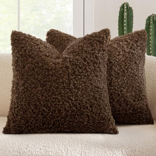 MIULEE Pack of 2 Faux Fur Chestnut Throw Pillow Covers 18x18 Inch Boucle Decorative Sherpa Pillow Covers Fuzzy Accent Soft Sheepskin Fleece for Boho Home Decor Sofa Living Room Couch Bed - color: Chestnut, size: 18" x 18" (Pack of 2)