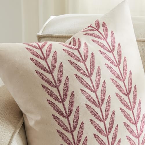 100% Cotton Farmhouse Leaves Throw Pillow Covers Set of 2, 16x16 Inch Burgundy Pastoral Decorative Print Cushion Covers for Sofa Bed Living Room Home Decor - color: Burgundy, size: 16" x 16" (Pack of 2)