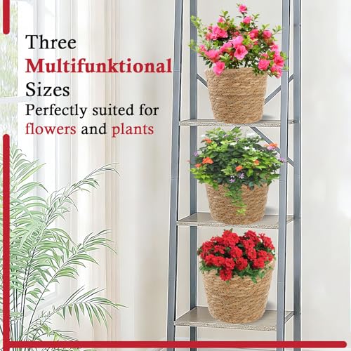 3 Pack Plant Basket for Indoor, Wicker Seagrass Plant Pots with Liner, Macrame Plant Hanger, Woven Natural Planter Baskets Outdoor for Flower, Balcony,Home