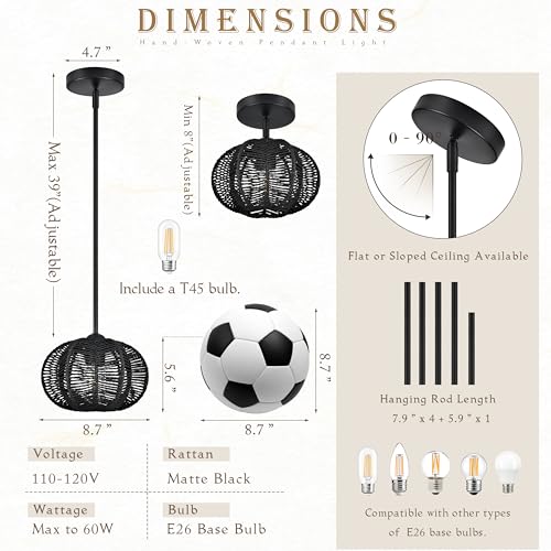 Black Mini Rattan Pendant Light Rattan Light Fixture Wicker Chandelier Woven Pendant Light Boho Chandelier for Bedroom Kitchen Island - color: 8.7" Black