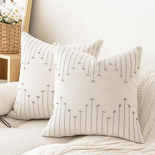 LILEPOY Boho Throw Pillow Covers 20x20 Set of 2 Neutral Decorative Textured Cushion Case Farmhouse Pillowcase Modern Square Pillow Covers for Sofa,Couch, Living Room,Beige and Grey - color: Beige and Grey, size: 20" x 20" (Pack of 2)
