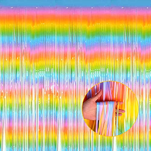 4 Pack Macaron Rainbow Foil Fringe Curtain Backdrop, 3.28Ft x 8.2Ft Metallic Tinsel Foil Fringe Streamer Curtains for Photo Booth, Birthday, Wedding, New Year’s, Easter Decorations Party Supplies - color: 4 Pack Rainbow