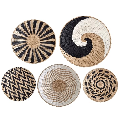 5-Pack Hanging Rattan Woven Wall Basket Decor Set 7.9 9.8 11.8 Inch - Rustic Wall Art Key Tray for Living Room Bedroom Kitchen