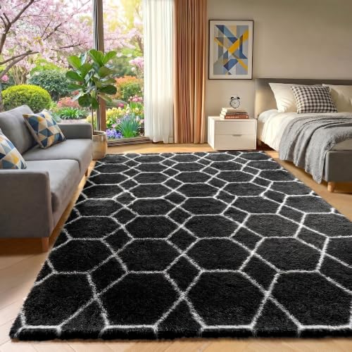 ONASAR Area Rugs for Bedroom Living Room, Fluffy 4x6 Black and White Rug, Geometric Shaggy Plush Bedside Indoor Floor Carpet for Nursery Kids Teens Girls Boys Dorm Home Office Decor - color: 4- Black / White, size: 4' x 6' (Rectangular)