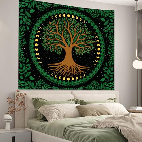 Apdidl Boho Mandala Green Tapestry for Bedroom, Nature Hippie Tree of Life Moon Phase Ceiling Tapestries Aesthetic, Bohemian Sun Stars Plant Decoration Wall Hanging Art Backdrop for Living Room (51"X60") - color: Green Tree Tapestry, size: 60"L x 51"W
