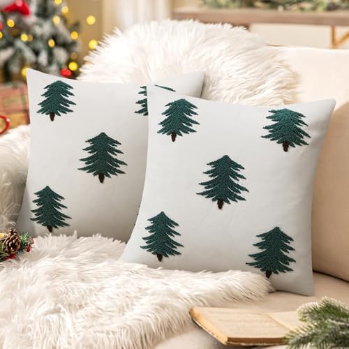 Merrycolor Christmas Pillow Covers18×18Inch Cotton Canvas Tufted Throw Pillows with Embroidered Green Pine Tree White Winter Cushion Cases Suitable for Beds,Sofas,and Living Rooms Holiday Home Decor - color: Green Christmas Tree
