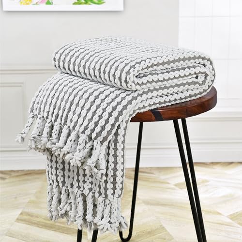 Striped Knit Throw Blanket with Braided Tassels 50" x 60", Hand Knitted Soft Chunky Chain Design Boho Farmhouse Blanket, Two Tone Tassel Decor Throw for Couch Bed Sofa Outdoor, Gray White - color: Gray White
