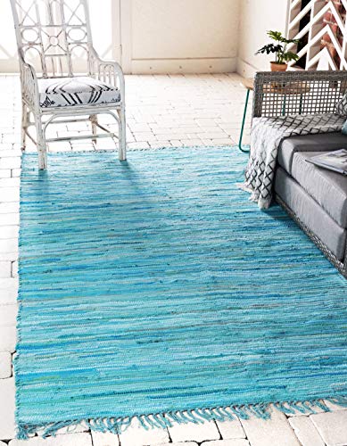 Unique Loom Chindi Cotton Collection Soft Hand Woven Natural Fiber Striped Area Rug, 2 ft 2 in x 3 ft, Turquoise/Ivory - color: Turquoise/Ivory, size: 2'2" x 3' (Rectangular)