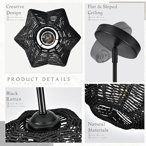 Black Mini Rattan Pendant Light Rattan Light Fixture Wicker Chandelier Woven Pendant Light Boho Chandelier for Bedroom Kitchen Island - color: 8.7" Black