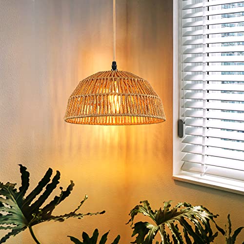 Plug in Pendant Light, Farmhouse Hanging Chandelier Lights with 15ft Golden Cotton Cord, Ceiling Lamp with Dimmable Switch, for Kitchen Island Living Room-2 Pack (Bulb & 4 Swag Hooks Included) - color: Rattan 11.8"-2PK