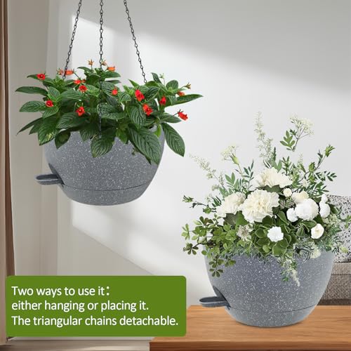 WOUSIWER Self Watering Hanging Planters, 2 Pack 12'' Plastic Pots with Drainage Holes & Reservoir Tray (Speckled Grey) | Indoor & Outdoor Use for Ferns, Ivy, Herbs, Succulents - color: Grey Speckled, size: 2 Pack 12 inches