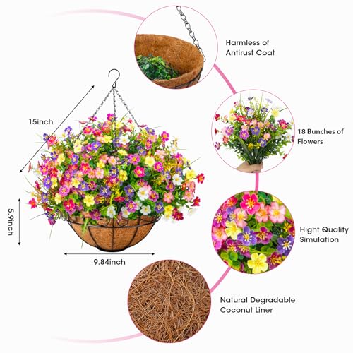 Ouddy Decor Artificial Hanging Flowers with Basket, Faux Silk Flowers in Coconut Lining Basket, Spring Summer Outdoor Decor Fake Hanging Plants for Garden Patio Yard Porch Lawn, Mixed Color - color: Mix Color