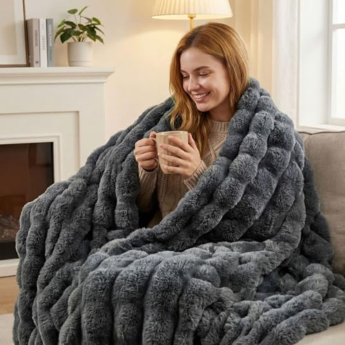 JONIYEAR Solid Thick Bubble Faux Rabbit Fur Throw Blanket 50" x 60", Decorative Bumpy Cute Cozy Fluffy Gray Warm Blanket for Winter,Reversible Luxe Fuzzy Textured Poofy Comfy Shag Furry Blankets, Grey - color: Grey - 900gsm, size: Travel/Throw Size - 50"