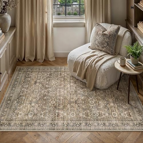 HUGEAR 3x5 Entryway Area Rug Vintage Brown Small Rug Machine Washable Door Mat Retro Floral Mid Pile Carpet Soft Thicker Distressed Throw Rug Entrance Kitchen Bedroom Bathroom Non Slip - color: Retro | Brown, size: 3' x 5' (Thicker)