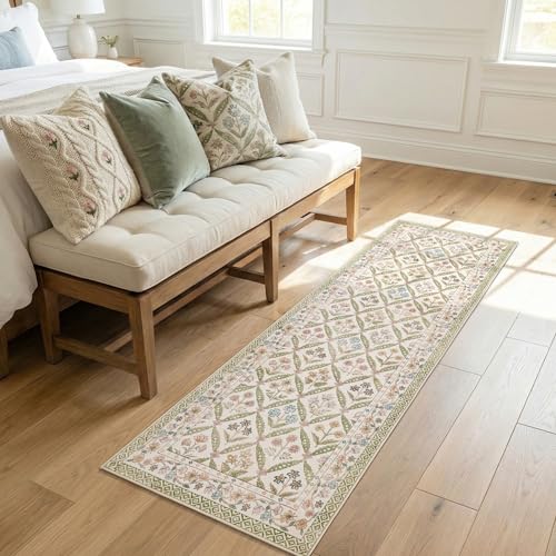 jinchan Haden Runner Rug 2x6 Vintage Floral Washable Hallway Rug for Entrance Kitchen Soft Non-Slip Low Pile Bedside Laundry Room Cottage Warm Indoor Decor Sage Green - color: Sage Green, size: 2' x 6' (Runner)