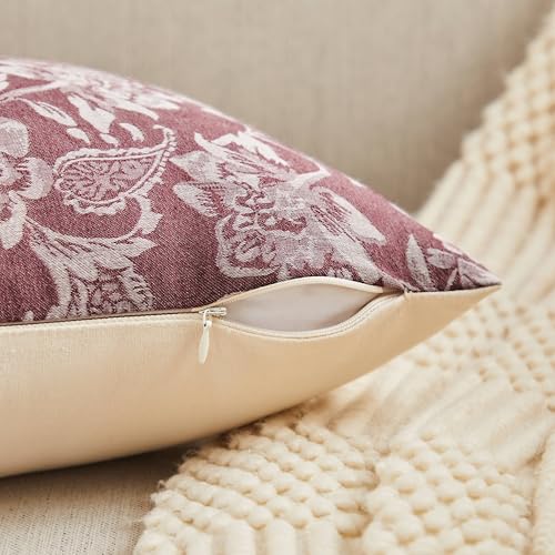 Floral Jacquard Throw Pillow Covers Set of 2, Background/Burgundy 24x24 Inch, Farmhouse Decorative Cotton Burgundy Cushion Covers for Sofa Bed Living Room Home Decor - color: Background/Burgundy, size: 24" x 24" (Pack of 2)