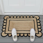 Braided Scalloped Jute Rug Natural with Black Trim, Handmade Farmhouse Boho Area Rug for Entryway, Kitchen, Hallway, Living Room, Bedroom, Rustic Woven Floor Rug - (Black- 2X3 ft) - size: 2' x 3' (Rectangular)