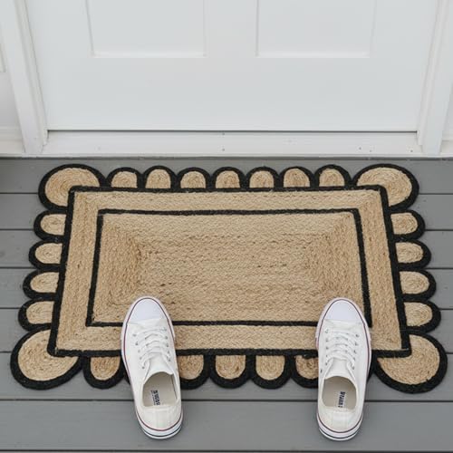 Braided Scalloped Jute Rug Natural with Black Trim, Handmade Farmhouse Boho Area Rug for Entryway, Kitchen, Hallway, Living Room, Bedroom, Rustic Woven Floor Rug - (Black- 2X3 ft) - size: 2' x 3' (Rectangular)