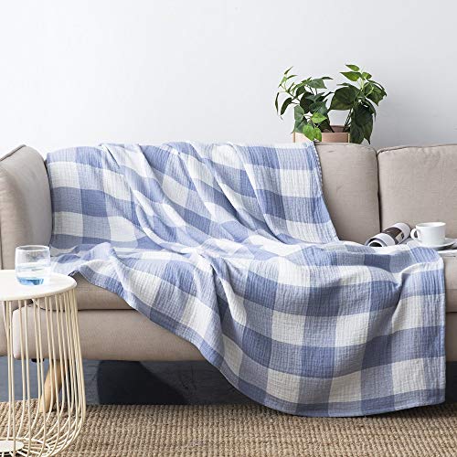 Cotton Muslin Throw Blanket with Buffalo Check Pattern, Vintage Indoor and Outdoor Use, Reversible and Breathable Fabric for Yard Picnics, King Size 104" x 94", Bedding or Chair Cover, Blue - color: Root={'value': "['Blue']"}, size: \'King (104" x 94")\'