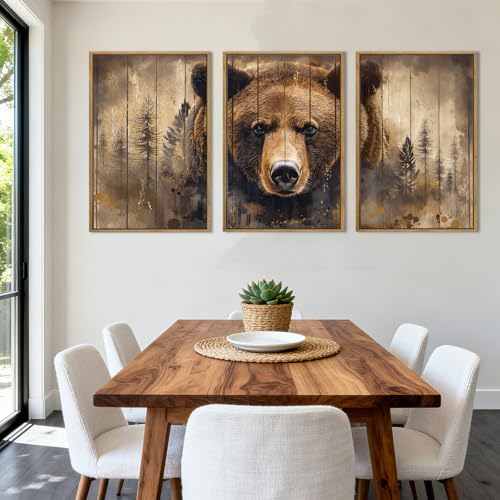 ANHUIB Brown Bear Wall Art 16x24 Inch Forest Paintings Rustic Wildlife Wall Decor Set of 3 for Living Room Bedroom Dining Room - color: Brown Bear, size: 24"L x 16"W