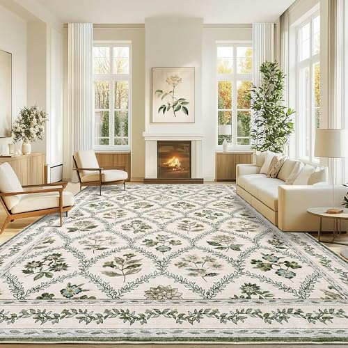 9x12 Olive Green Area Rugs Washable Rug for Living Room Big Bedroom Faux Wool Soft No Slip Floral Emerald Hunter Green and Beige Boho Vintage Extra Large Carpet for Dining Room Under Table 9x12 - color: Olive / Beige, size: 9' x 12' (Rectangular)