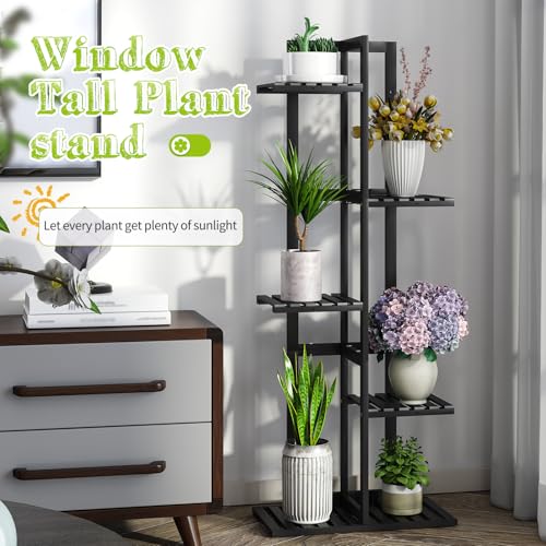 BMOSU Bamboo Plant Stand for Indoor Outdoor Plants Corner Tall Plant Shelf 6 Potted Holder Shelf Plant Rack Holder Display Rack(Black) - color: Black