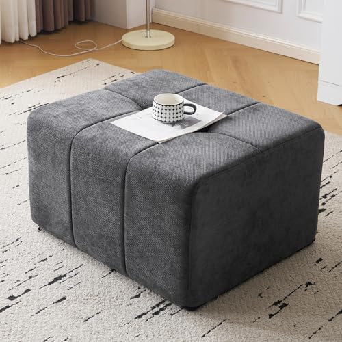 Square Stuffed Pouf Ottoman,Chenille Poufs with Foam Chunk Filling, 27.9 X 16.1 Floor Poufs for Sofa,Accent Foot Rest Stool for Living Room, Grey - color: Grey