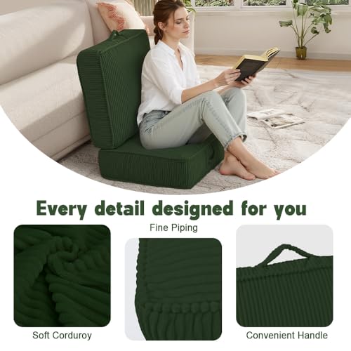 Meditation Floor Pillow Set of 2, 8" Extra Thick Floor Cushion for Sitting with Washable Cover, Large Corduroy Meditation Pillow, 22 inches Tatami Seat with Handle for Yoga Pillow, Green - color: Green, size: 22x22x8 inch