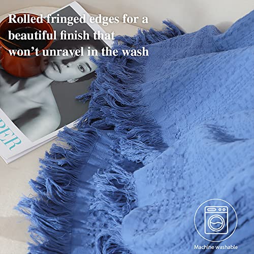 Simple&Opulence 100% Cotton Throw Blanket for Couch, Bed, Waffle Weave Cable Knit Blanket with Tassels, Soft Lightweight Pre-Washed Breathable Cozy Blanket Farmhouse Decoration for All-Season (Blue) - color: Blue