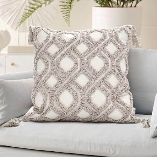 Boho Pillow Covers 18X18 Inch Boho Tufted Throw Pillow Covers Decorative Tassels Cushion Cover Farmhouse Pillow Case for Couch Sofa Bed Living Room Bedroom, Taupe - color: Boho Taupe, size: 18" x 18" (Pack of 1)