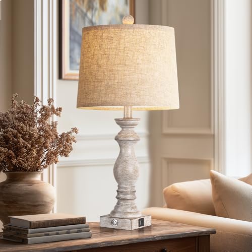 24.5" Table Lamp Set of 2, Rustic Farmhouse Bedside Lamps with USB A+C Charging Ports, 3-Way Dimmable Touch Control Nightstand Lamps for Living Room Bedroom, Antique Grey White, LED Bulbs Included - color: Antique Grey White