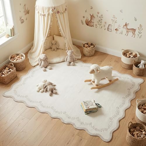 GarveeHome 4x6 Neutral Beige Scalloped Washable Area Rug for Girls Bedroom, Solid Floral Soft Nursery Rug Non Slip Low Pile Small Carpet Stain Resistant Throw Rug for Dorm Kids Room Office Dining Room - color: Beige, size: 4' x 6' (Rectangular)