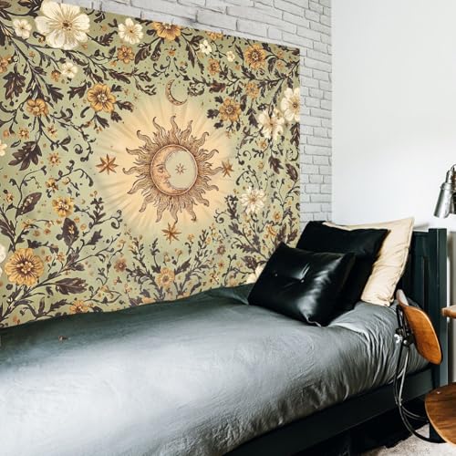Riyidecor Boho Sun and Moon Tapestry 59Wx51H Inch Green Bohemian Whimsical Floral Flower Leaves Plant Vintage Hippie Retro Rustic Wall Hanging Artistic Home Dorm Decor Art Living Room Bedroom - color: A-green, size: 51L" x 59W"