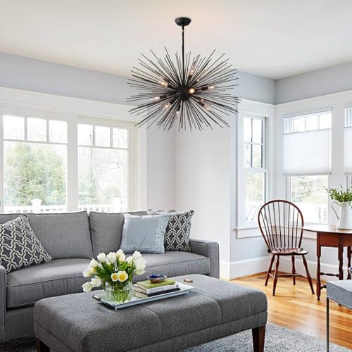 33.85" Black Sputnik Chandelier Vintage 12-Light Geometric Starburst Chandelier Light Fixture Large Solid Metal Black Sputnik Chandeliers for Dining Room, Kitchen, Bedroom, Living Room, E12 - color: Black 33.85" 12-Light