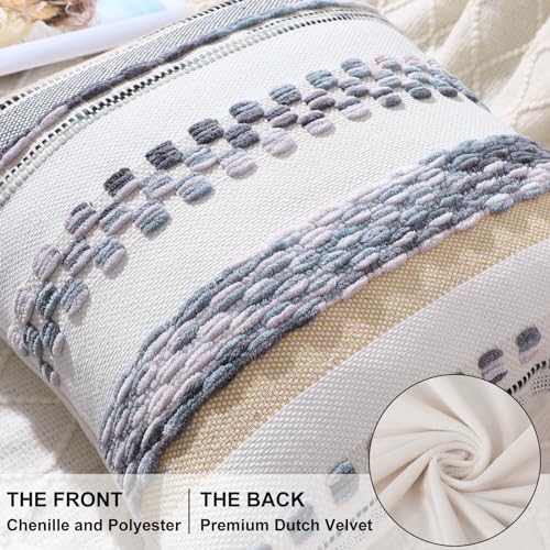 decorUhome Boho Decorative Throw Pillow Covers 18x18 Set of 2, Striped Chenille Tufted Pillow Covers with Tassels for Couch Bed Sofa, Cream White and Light Grey - color: Cream White and Light Grey