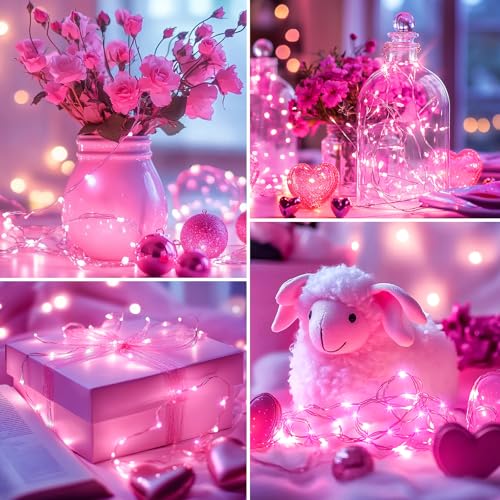 5 Pack Fairy Lights Battery Operated, 7 Feet 20 Led String Lights with Timer, Waterproof Firefly Lights on Silver Wire for Home Party Wedding Christmas Decorations, 6 Hours on/18 Hours Off, Pink - color: Pink, size: 5Pack