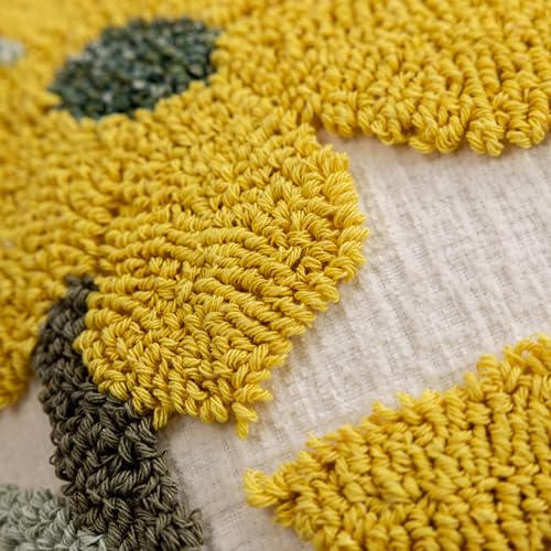 Summer Floral Throw Pillow Covers 18x18 Inch Set of 2, Chenille Embroidered Pillowcase with 3D Tufted Yellow Flowers Sage Green Leaves, Boho Decorative Cushion Covers for Couch Sofa Bed - color: Yellow, size: 18" x 18" (Pack of 2)