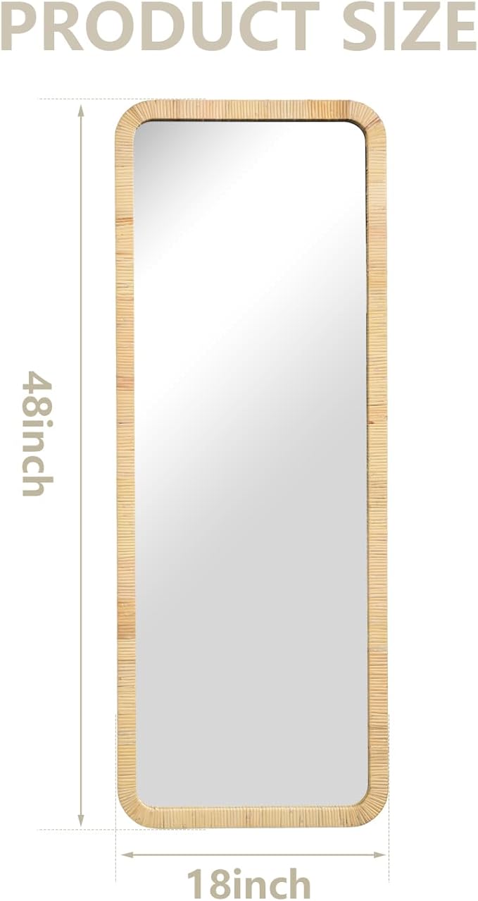 18"x48" Long Rattan Mirror Rattan Full Length Mirror Rectangle Wooden Framed Full Body Mirror Floor Mirror Lean Against Wall Farmhouse Wicker Mirror for Bathroom Entryway Living Room Bedroom