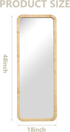 18"x48" Long Rattan Mirror Rattan Full Length Mirror Rectangle Wooden Framed Full Body Mirror Floor Mirror Lean Against Wall Farmhouse Wicker Mirror for Bathroom Entryway Living Room Bedroom