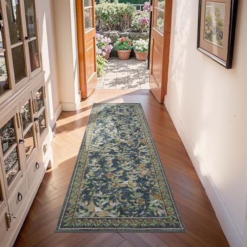 jinchan Eden Floral Washable Runner Rug 2x6 Vintage Hallway Rug Non-Slip Lightweight Soft Thin Kitchen Low Pile Distressed Blue Green Carpet for Bathroom Laundry Room Bedroom Entryway - color: Eden Dark Blue, size: 2' x 6' (Runner)