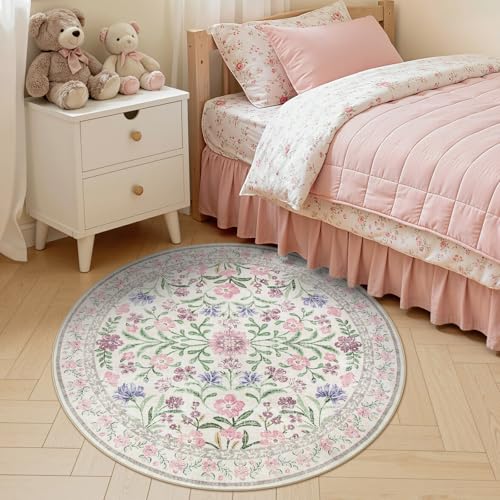 Lahome Sylvie Light Purple 4 ft Round Accent Rug, Small Circular Soft Mat for Nursery & Reading Nook, Machine Washable Low Pile Carpet for Cozy Self-Care Retreat Decor - color: Pale Lilac, size: 4' (Round)