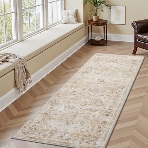 AMOAMI-2X6 Runner Rug-Washable Runners for Hallways-Soft Non Slip Bedside Rugs for Bedroom-Vintage Long Rug for Hallways Entryway Laundry Room Stair Kitchen Bathroom Beige - color: Beige, size: 2' x 6' (Rectangular)