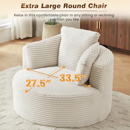 48"W Oversized Round Chaise Longue Chair Indoor,Corduroy Fluffy Comfy Cloud Chair,Circle Bean Bag Sofa with Foam Filling & Pillows,Boneless Reading Cozy Sofa Chairs for Living Room,Bedroom,White - color: White