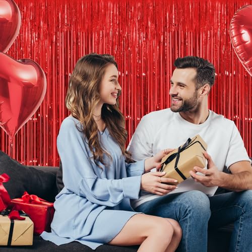 30 Pack Red Foil Fringe Curtain Backdrop, 3.3x8.2 Feet Metallic Tinsel Streamer Curtains Photo Booth Props for Wedding/Anniversary/Bridal Shower/Christmas/New Year/Valentine's Day Party Decorations - color: Red