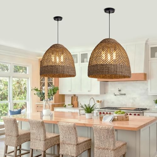 19" Farmhouse Rattan Chandelier 3-Lights Costoal Pendant Light Boho Hand Woven Wicker Hanging Light Fixture for Living Room Bedroom Dining Room Kitchen Island Foyer Restaurant Coffee - color: Coffee-D