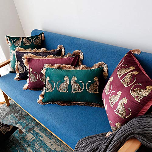 Lumbar Decorative Throw Pillow Cover with Tassels Leopard Pattern Cushion Cover Luxury Style Soft Velvet Pillowcase for Sofa Couch Bedroom (12"x20",Black) - color: Black, size: 20" x 12" (Pack of 1)