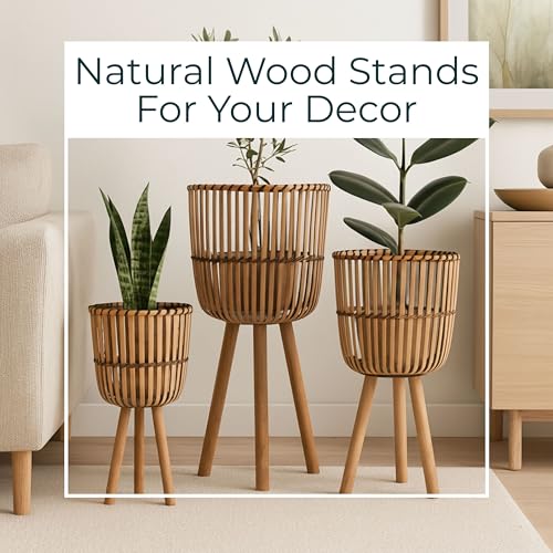 Decorative Bamboo Footed Planters for Home Decor - Garden Plant Pots for Indoor Living Room Decor or Outdoor Patio Areas - Flower Pots for Entryway and Backyard - Set of 3, 30", 26", 22", Brown - color: Woven Natural/Black, size: 26" H